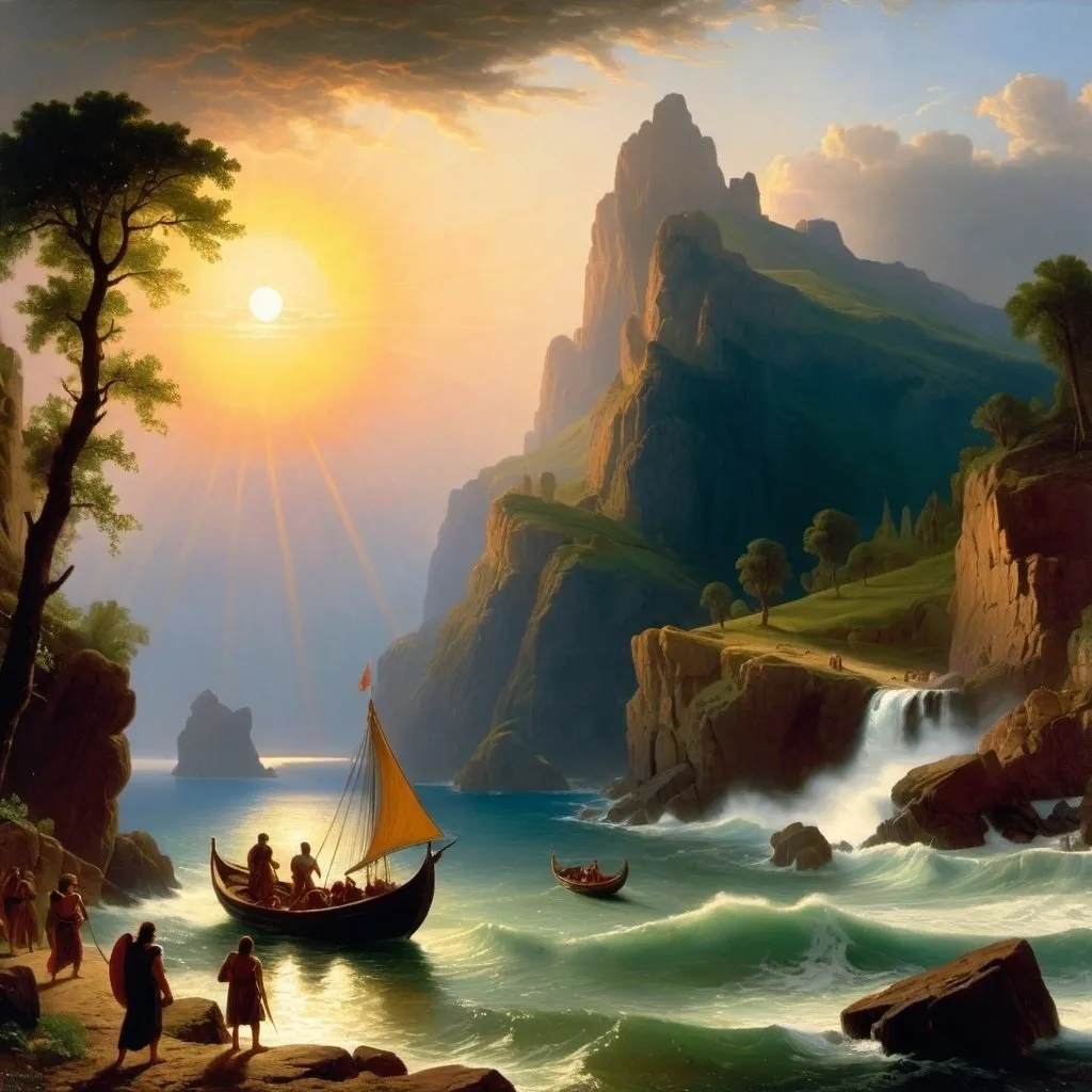 Prompt: A painting of Odysseus returning home, in the style of Albert Bierstadt, with dramatic lighting and rich details.