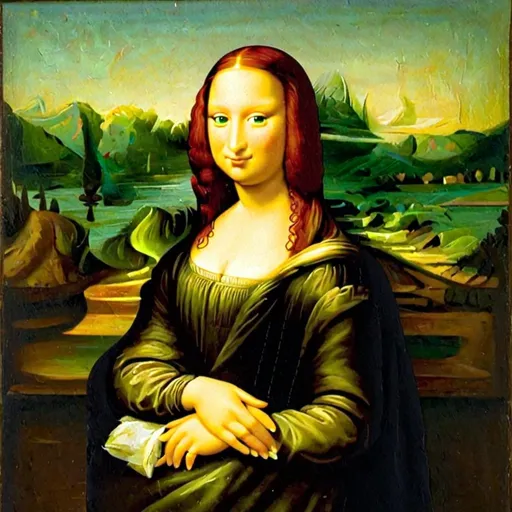 Prompt: Mona Lisa, freckle, red hair, green eyes, red lipstick