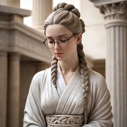 Prompt: White Marble statue of ((25-year-old woman, long hair  in a French braid,  broad rimmed eyeglasses,  in a kimono broad, detailed, elegant pose, long flowing sleeves, serene expression, high quality, classical sculpture, ancient Greek, detailed features, white marble, elegant pose, graceful, soft lighting, traditional, historical, realistic details, classical art, serene expression, lifelike, smooth curves, goddess-like, ancient beauty, classical, sophisticated, traditional sculpture, elegant, natural lighting