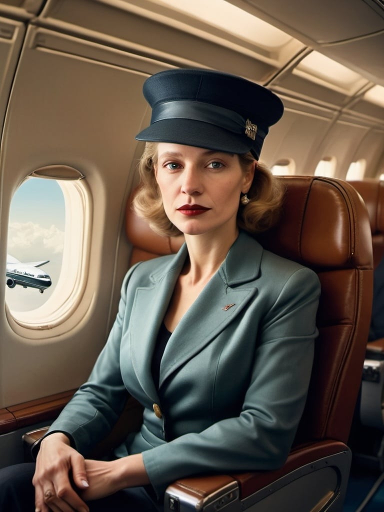 Prompt: a woman sitting on an airplane seat with a hat on her head and a plane in the background with a window, Annie Leibovitz, precisionism, promotional image, an art deco painting