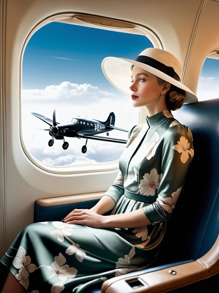 Prompt: a (( 21-year-old woman in a long flower print Empire Dress with a high neck line and white hat)) sitting on an airplane seat with a hat on her head and a plane in the background with a window, Annie Leibovitz, precisionism, promotional image, an art deco painting