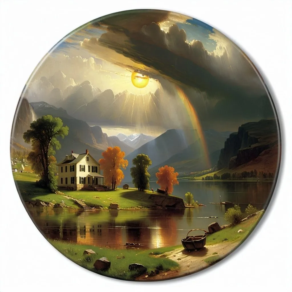 Prompt: painting of  a house  by a lake with mountains in the background and a sun above it, George Inness, american scene painting, stormy weather, a  painting, UHD 64K