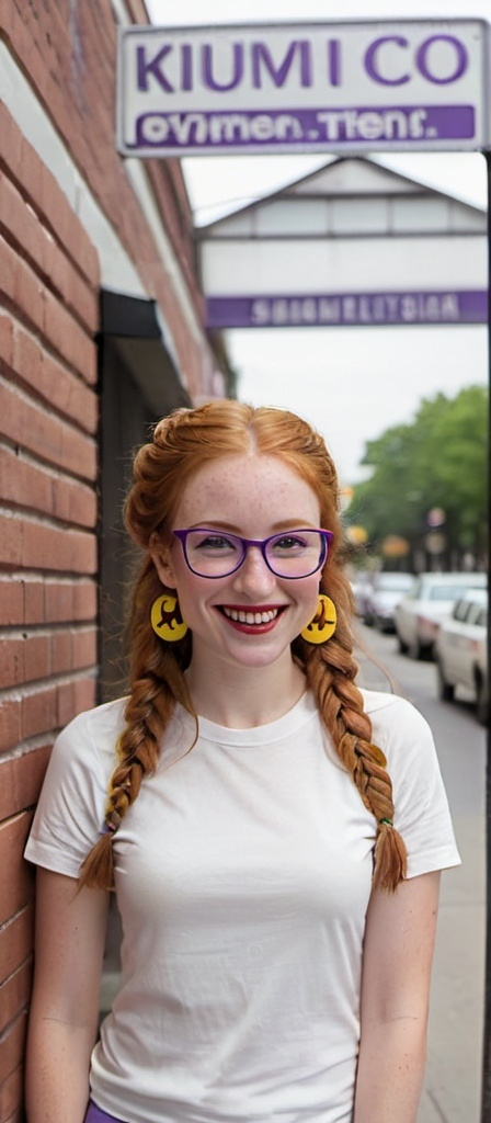 Prompt:  portrait of a smiling 27 year-old woman. green eyes. cover with dark freckle. long ginger hair ginger in a French braid.   wearing  red lipstick. purple broad rimmed eyeglasses.  1970s yellow smiley face earrings,  and  white t-shirt,  smiles at the camera while standing on a sidewalk, figurativism, 1 9 7 0 s, a character portrait.