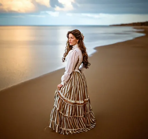 Prompt: image of Victorian era beautiful woman,  is looking  at the sea,  with long brown hair, standing on the sand at the beach, 