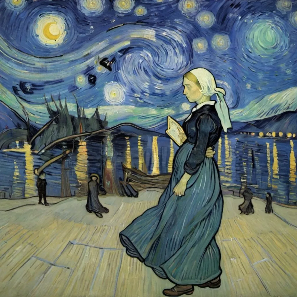 Prompt: whistler mother  "The Starry Night" by Vincent van Gogh