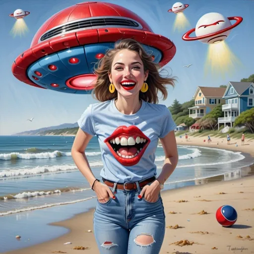 Prompt: photorealistic portrait of a [(27 year-old woman),  (red lipstick), (a smile on her face), ( smiley face earrings), (smiley-face t-shirt), (long blue jean), (red and blue tennis shoes),]on the beach, looking very excited at an attacking UFO