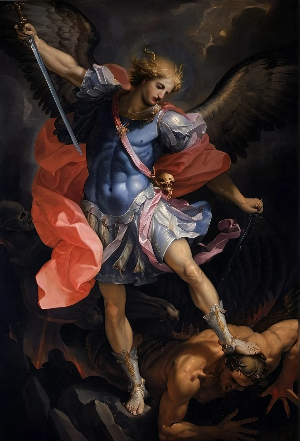 Prompt: a painting of satan being  defeated 
 step on and stab  by the angel Saint Michael's  sword hand,, Andrea Pozzo, gothic art, renaissance oil painting, a painting

Blessed Michael, archangel,
defend us in the hour of conflict.
Be our safeguard against the wickedness and snares of the devil
(may God restrain him, we humbly pray):
and do thou, O Prince of the heavenly host,
by the power of God send Satan down to hell
and with him those other wicked spirits
who wander through the world for the ruin of souls.
Amen.