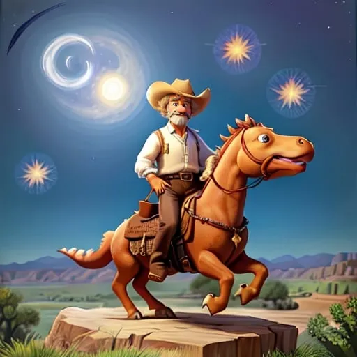 Prompt: a painting of Mark Twain wearing cowboy hat riding tyrannosaurus, that is jumping over the Moon. in the style of "The Starry Night" by Vincent van Gogh