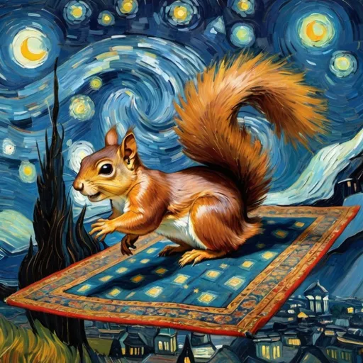 Prompt: A squirrel flying on a "magic carpet" in "The Starry Night" by Vincent van Gogh