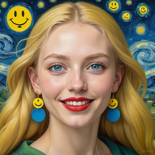 Prompt: a painting of woman blue eyes  long blonde hair, red lipstick, on a smile on her face "yellow smiley face earrings", with a green background and a blue sky, Fra Bartolomeo, academic art, renaissance oil painting, a painting in the style of "The Starry Night" by Vincent van Gogh 