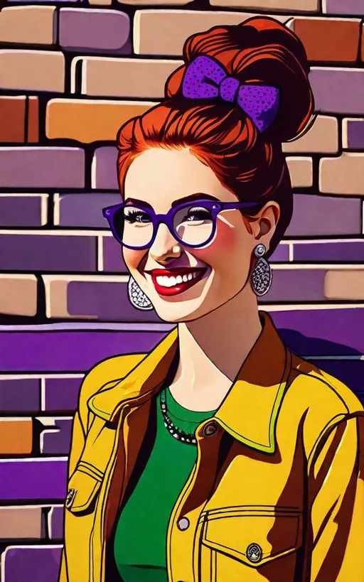 Prompt: 25-year-old woman with earrings 1970s smiley face yellow, green eyes. cover with dark freckle. long ginger hair ginger in a superbly done French braid.. wearing lipstick red broad rimmed eyeglasses purple with purple frames. and a smiley face on her shirt is standing by a brick wall and smiling at the camera, Ella Guru, verdadism, cheerful, a stock photo