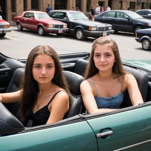 Prompt: 21 year-old college man is driving a convertible,
with passengers in the back seats,
21 year-old  Mona Lisa,  
21 year-old Helen of Troy,