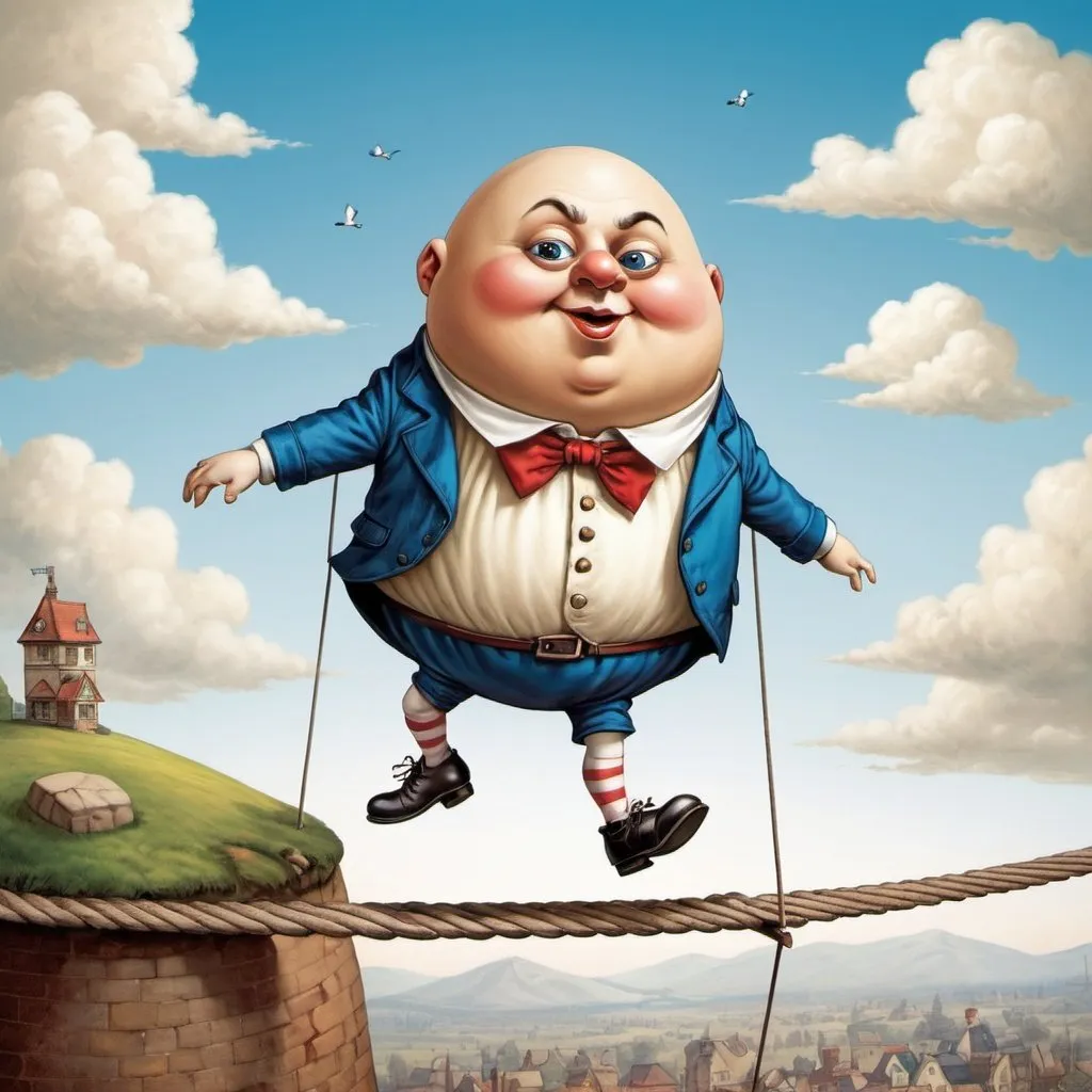 Prompt: Humpty Dumpty walking on tightrope