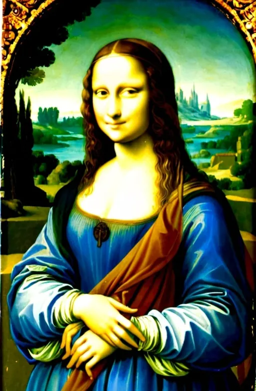 Prompt: a painting of a woman with long hair and a smile on her face, with a green background and a blue sky, Fra Bartolomeo, academic art, da vinci, a painting