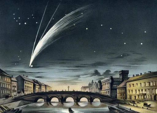 Prompt: a painting of a city with a bridge and a shooting star in the sky above it and a boat in the water, Abraham Storck, space art, stars, a mid-nineteenth century engraving