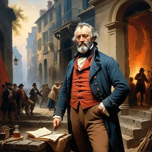Prompt: Create a UHD, 64K, professional oil painting in the style of Hubert Robert, Romanticism, depict the fictional character depict the fictional character Jean Valjean (by Victor Hugo, 1862)