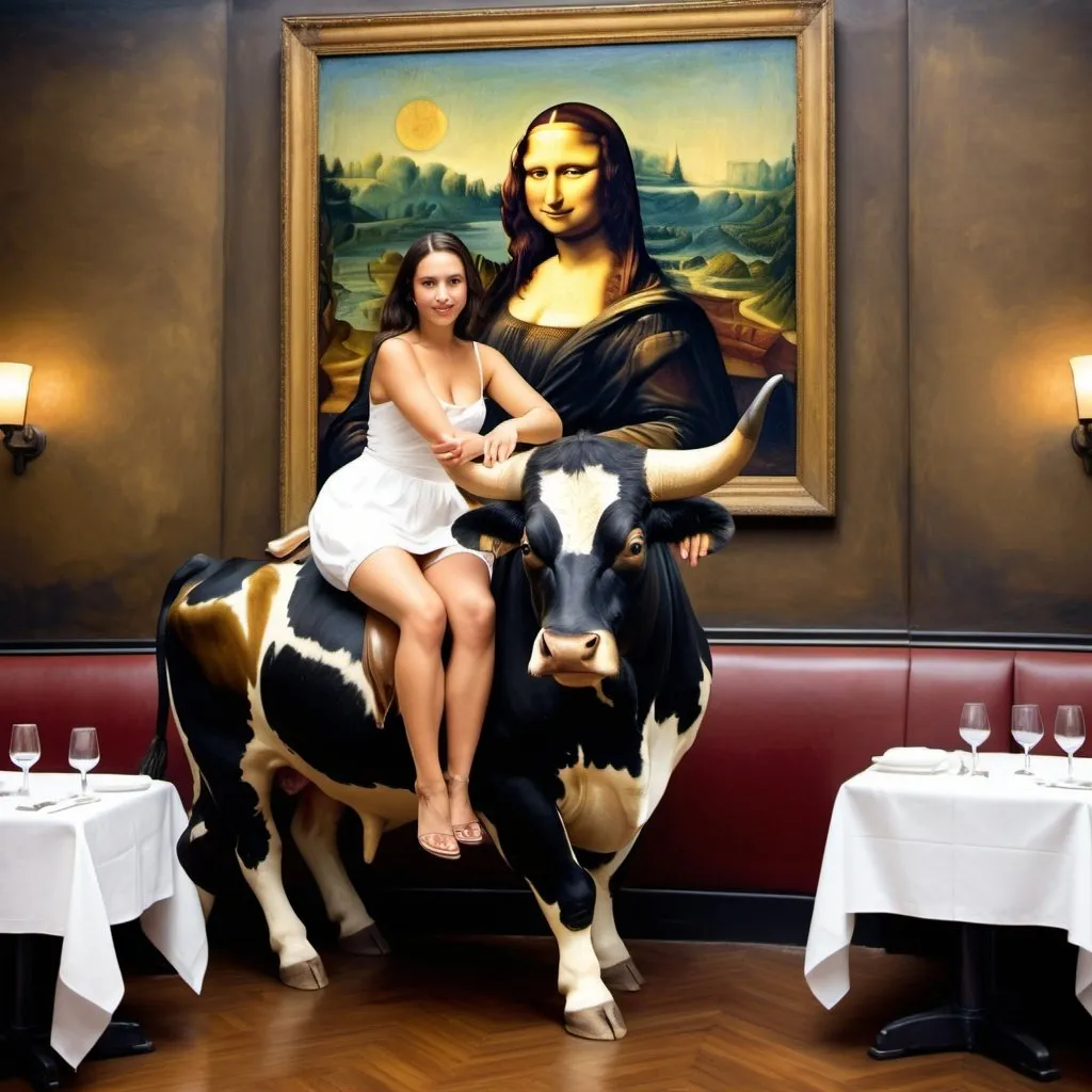 Prompt: Mona Lisa  riding a bull in  a a five star restaurant