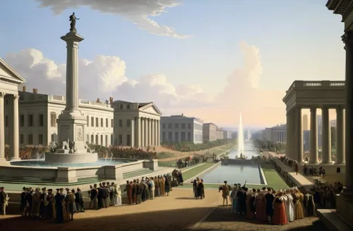 Prompt: Cole Thomas The zenith The Course of the Empire 1836. a painting of a city with a fountain and people in it and a statue in the background with a building in the background, in the style of Fitz Hugh Lane, neoclassicism, classical painting, a detailed matte painting

