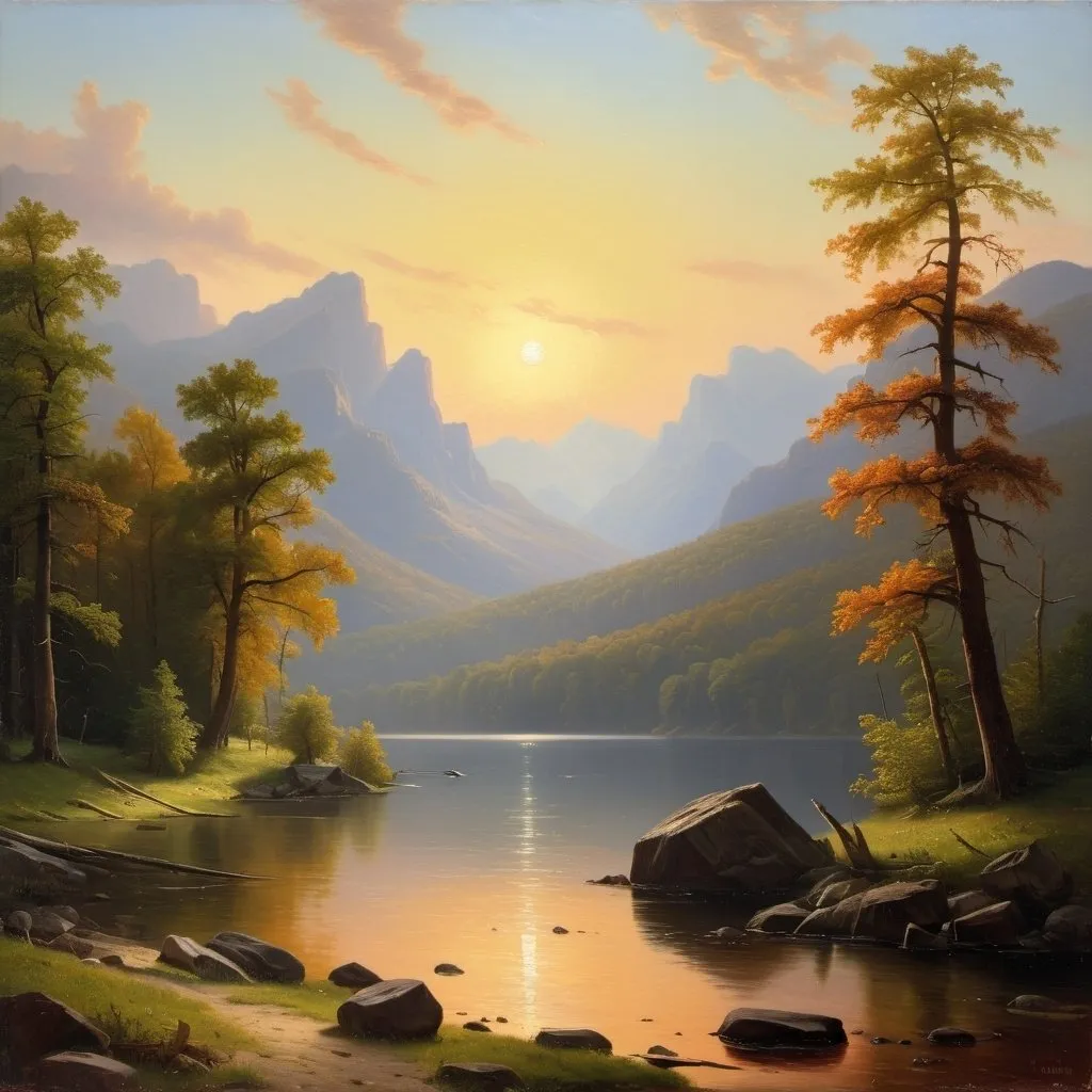 Prompt: Create a oil painting in the style of Albert Bierstadt, Hudson River School, Gave a lustre of midday to objects below,