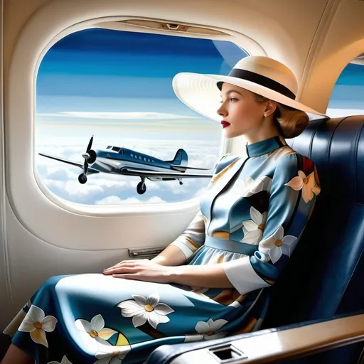 Prompt: a (( 21-year-old woman in a long flower print Empire Dress with a high neck line and white hat)) sitting on an airplane seat with a hat on her head and a plane in the background with a window, Annie Leibovitz, precisionism, promotional image, an art deco painting
