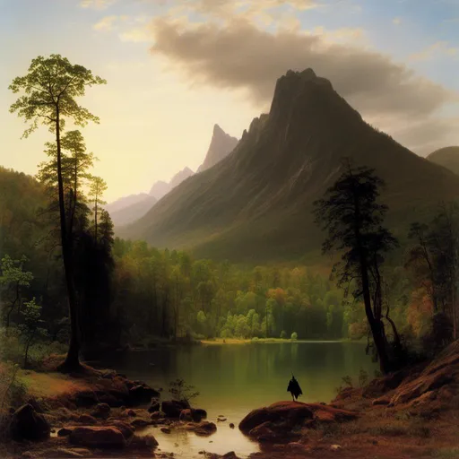 Prompt: <mymodel> a painting of a mountain with a black knight walking towards the mountain in the foreground and a forest in the background, Albert Bierstadt, hudson river school, matte painting, a matte painting