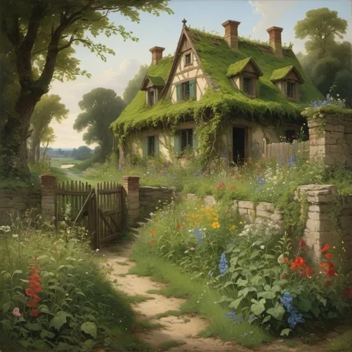 Prompt: a painting of a house overgrown with vines and wildflowers  with a path leading to it and flowers in front of it and a fence and a stream in a field with flowers and trees around it with a green roof, in the style of Carl Heinrich Bloch, blending the American Barbizon School and Flemish Baroque influences.