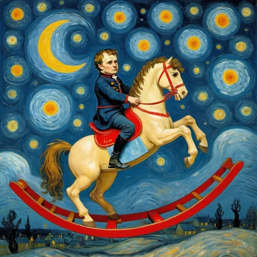 Prompt: Napoleon  riding a "rocking horse" that is jumping over the Moon.  in  "The Starry Night" by Vincent van Gogh
