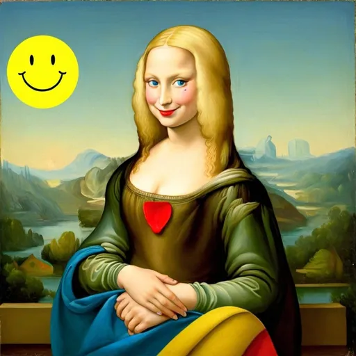 Prompt: a painting of Mona Lisa blue eyes long blonde hair, red lipstick, on a smile on her face "yellow smiley face earrings", with a green background and a blue sky, Fra Bartolomeo, academic art, renaissance oil painting, 