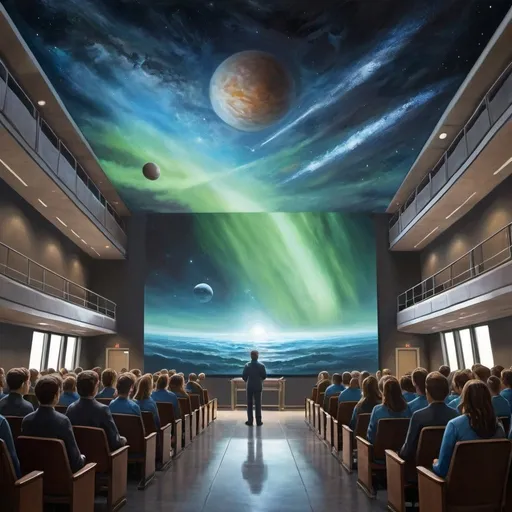 Prompt:  Create a UHD, 64K professional oil painting the Interstellar Exploration Academy: One day, the Mariner was invited to speak at a special ceremony at the newly established Interstellar Exploration Academy. Inspired by Aurora's voyage, the academy aimed to train the next generation of space explorers. The Mariner felt a profound sense of fulfillment as he stood before the eager faces of the academy's first graduating class.