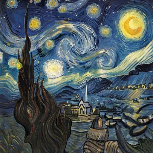 Prompt:  "The Starry Night" by Vincent van Gogh

I wandered lonely as a cloud
That floats on high o'er vales and hills,
When all at once I saw a crowd,
A host, of golden roses;
Beside the lake, beneath the trees,
Fluttering and dancing in the breeze.
Continuous as the stars that shine
And twinkle on the milky way,
They stretched in never-ending line
Along the margin of a bay:
Ten thousand saw I at a glance,
Tossing their heads in sprightly dance.
The waves beside them danced; but they
Out-did the sparkling waves in glee:
A poet could not but be gay,
In such a jocund company:
I gazed—and gazed—but little thought
What wealth the show to me had brought:
For oft, when on my couch I lie
In vacant or in pensive mood,
They flash upon that inward eye
Which is the bliss of solitude;
And then my heart with pleasure fills,
And dances with the roses.
[I Wandered Lonely as a Cloud by William Wordsworth]
