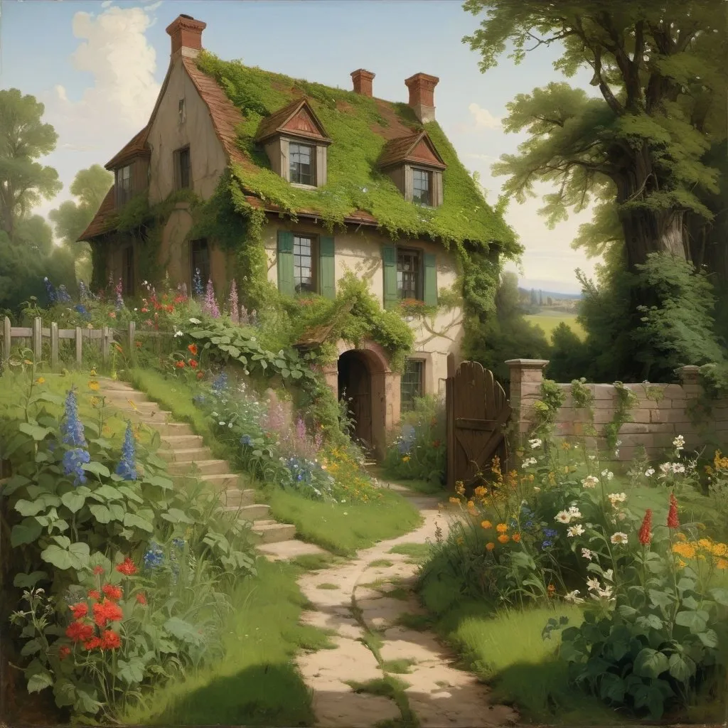 Prompt: a painting of a house overgrown with vines and wildflowers  with a path leading to it and flowers in front of it and a fence and a stream in a field with flowers and trees around it with a green roof, in the style of Carl Heinrich Bloch, blending the American Barbizon School and Flemish Baroque influences.