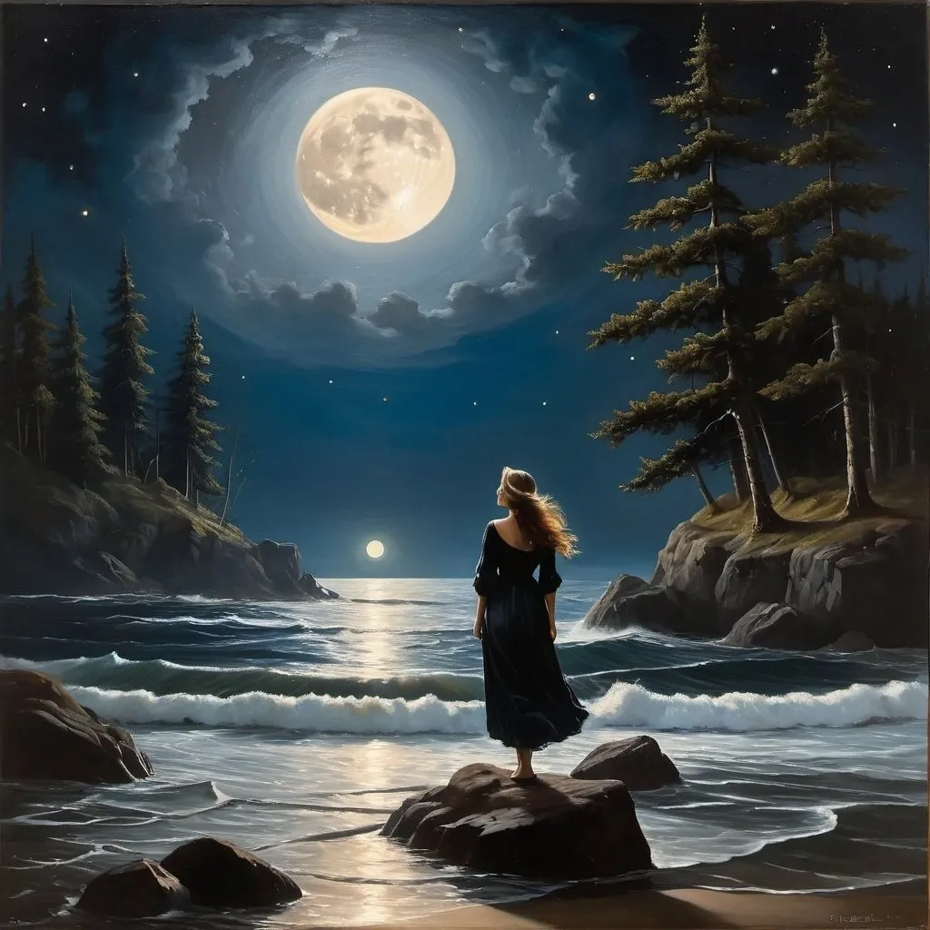 Prompt: Create a UHD, 64K, professional oil painting in the style of Carl Heinrich Bloch, blending the American Barbizon School and Flemish Baroque influences. Depict
        Last night - how deep the darkness was!
        And well I knew its depths, because
        I waded it from shore to shore,
        Thinking to reach the light no more.

        She would not even touch my hand. -
        The winds rose and the cedars fanned
        The moon out, and the stars fled back
        In heaven and hid - and all was black!

        But ah!    To-night a summons came,
        Signed with a teardrop for a name, -
        For as I wondering kissed it, lo,
        A line beneath it told me so.

        And now - the moon hangs over me
        A disk of dazzling brilliancy,
        And every star-tip stabs my sight
        With splintered glitterings of light!