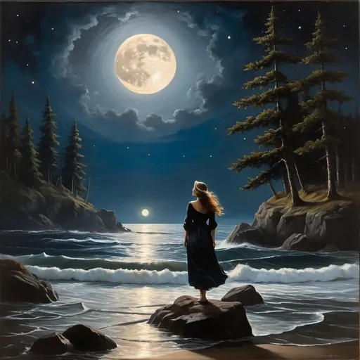 Prompt: Create a UHD, 64K, professional oil painting in the style of Carl Heinrich Bloch, blending the American Barbizon School and Flemish Baroque influences. Depict
        Last night - how deep the darkness was!
        And well I knew its depths, because
        I waded it from shore to shore,
        Thinking to reach the light no more.

        She would not even touch my hand. -
        The winds rose and the cedars fanned
        The moon out, and the stars fled back
        In heaven and hid - and all was black!

        But ah!    To-night a summons came,
        Signed with a teardrop for a name, -
        For as I wondering kissed it, lo,
        A line beneath it told me so.

        And now - the moon hangs over me
        A disk of dazzling brilliancy,
        And every star-tip stabs my sight
        With splintered glitterings of light!