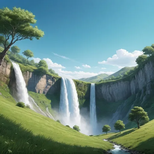 Prompt: a waterfall is seen from the side of a mountain range with green grass and trees below it, with a clear blue sky, Domirinic Fegallia, naturalism, waterfall, a detailed matte painting