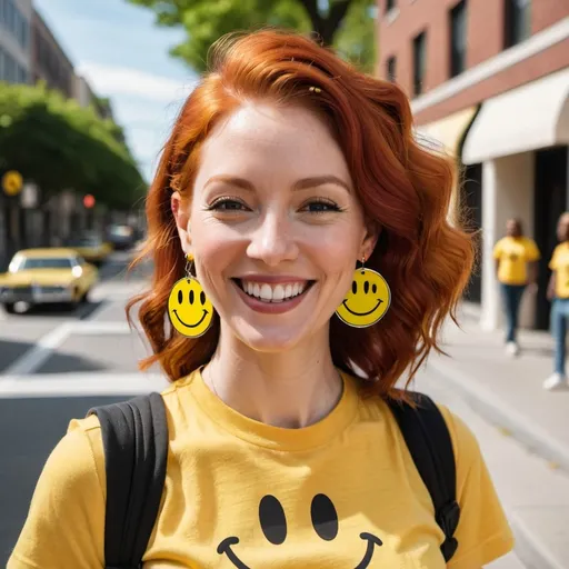 Prompt: a woman with red hair wearing a smiley face t - shirt and ( a yellow smiley face earrings) smiles at the camera while standing on a sidewalk,  figurativism, 1 9 7 0 s, a character portrait