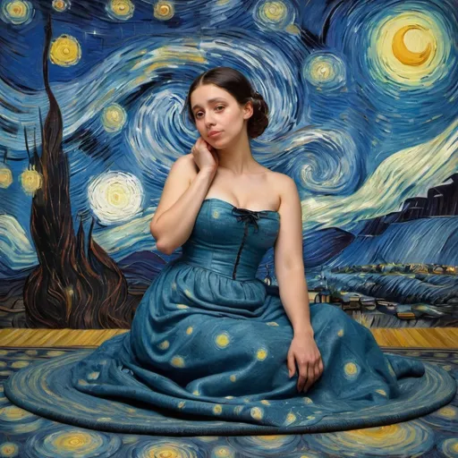 Prompt: Mona Lisaflying on a magic carpetin  The Starry Night by Vincent van Gogh
