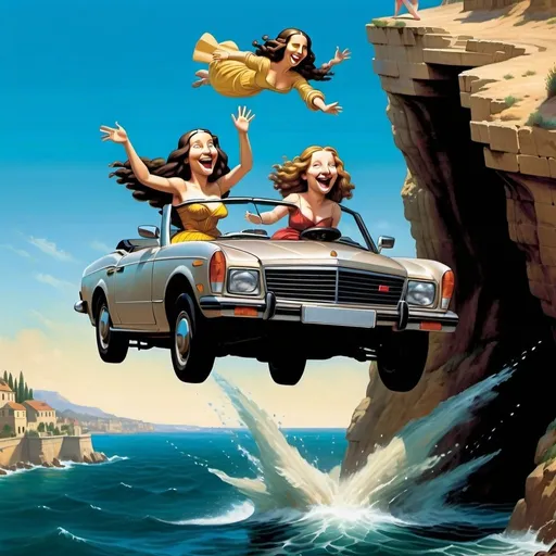 Prompt: (Mona Lisa) and  (Helen of Troy)  are laughing and driving a sports convertible car off a cliff into the ocean, car flying through air towards screen, freefalling, dynamic
