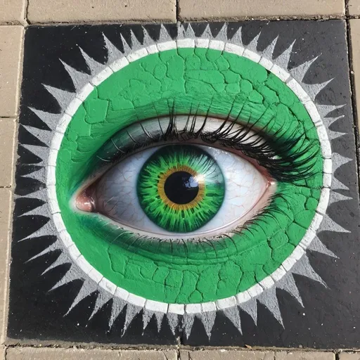 Prompt: A sidewalk chalk painting of a  eye of a green eye human.