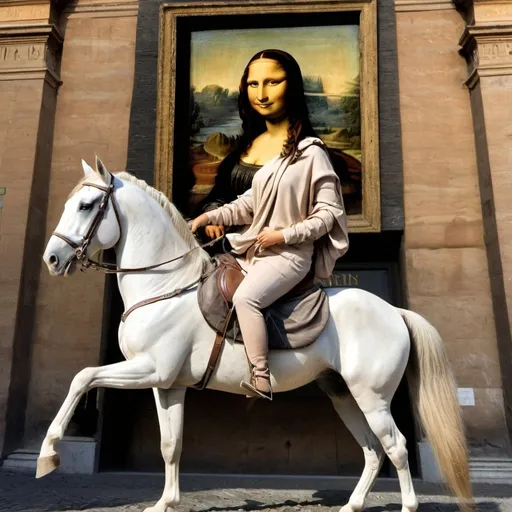 Prompt: Mona Lisa riding a horse in  the ancient city of Rome
