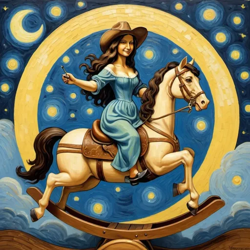 Prompt: a painting  of Mona Lisa wearing cowboy hat riding a airborne  rocking horse, attach to wood rocker, that is jumping over the Moon.  in the style of "The Starry Night" by Vincent van Gogh
