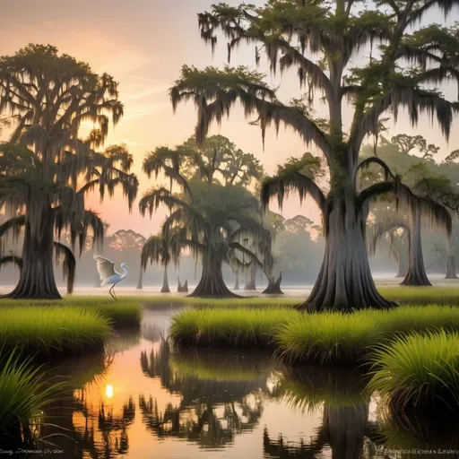 Prompt: Louisiana  Bayou at sunrise, 
wide angle view, 
full depth of field, 
beautiful, 
high resolution, 
realistic, 
detailed foliage,
serene atmosphere, 
golden hour lighting, 
misty Bayou,
majestic cypress trees,
majestic white egrets,  
natural beauty,
landscape painting, 
professional quality, 
sunrise,
Spanish moss, 
misty Bayou, 
realistic, 
detailed foliage,
serene atmosphere, 
wide angle view, 
full depth of field, 
beautiful, high resolution, 
golden hour lighting, 
natural beauty.