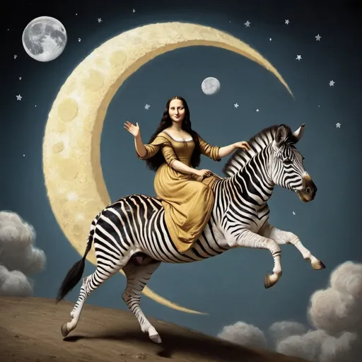 Prompt: Mona Lisa riding a Zebra that is jumping over the Moon.