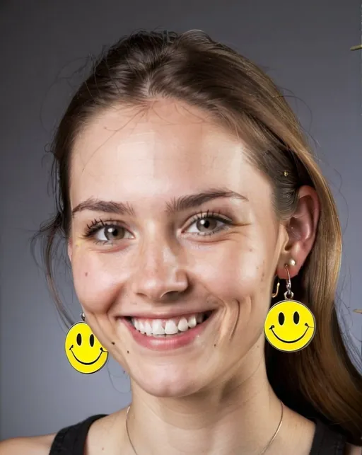 Prompt: portrait,  
(27 year-old woman), 
(a smile on her face),
(earrings with a smiley face on it's earring hooks),  
photo
