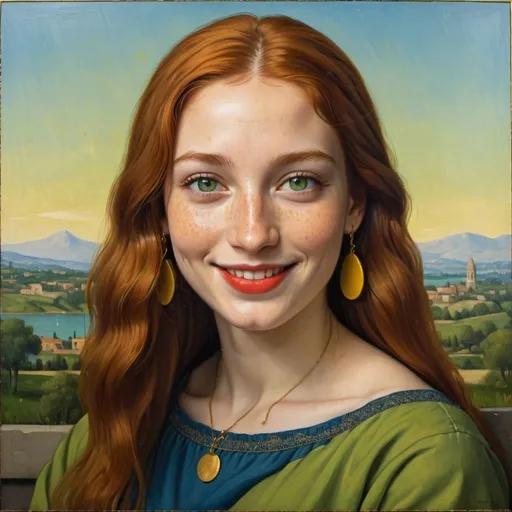 Prompt: a half-length portrait painting,
27 year-old woman,
cover with dark freckle,
green eyes,
long ginger hair,
red lipstick,
a smile on her face, 
yellow-happy-face  ON gold-earrings,  
T-shirt, 
with a green background and a blue sky,
 Fra Bartolomeo,
 academic art,
1970s oil painting,
 a painting in the style of  Mona Lisa