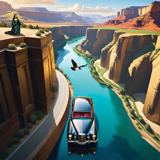 Prompt: a car is flying over a canyon with a river in it and Mona Lisa  is sitting in the in  car.