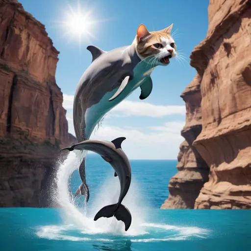Prompt: a cat riding a dolphin that is jumping over a canyon.