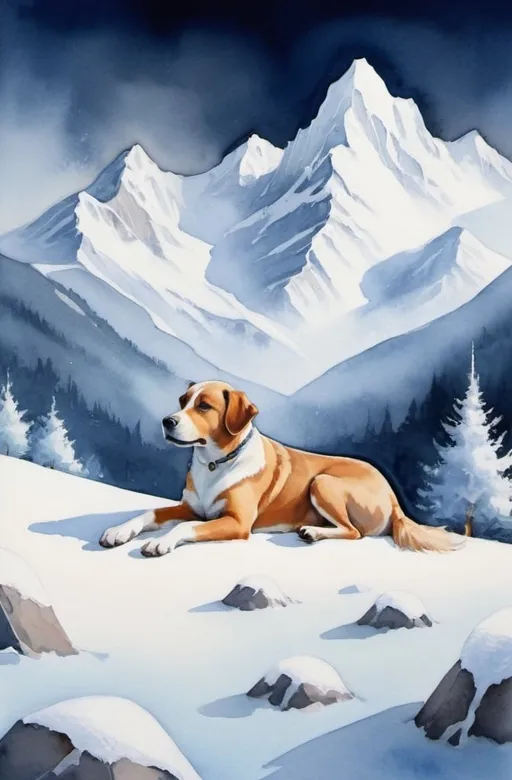 Prompt: Title: "Chill Canine Reverie"

Description:

Picture a serene setting where a dog rests, nestled in a cozy spot, with a cool breeze gently rustling its fur. As the dog dozes off, a thought bubble forms above, revealing a refreshing scene—a bone-shaped ice treat, adorned with frosty patterns, floating amidst a landscape of snow-capped mountains.

Medium:

This prompt invites you to capture the tranquility of the moment in a cool-toned painting. Whether you choose watercolors, acrylics, oils, or digital art, infuse your work with a sense of calmness and freshness. Experiment with shades of blue, white, and silver to convey the chilly atmosphere and the dreamy allure of the icy treat. Let your brushstrokes evoke the soothing sensation of a cool breeze and the delightful anticipation of the dog's frozen fantasy.

<from chatgpt>