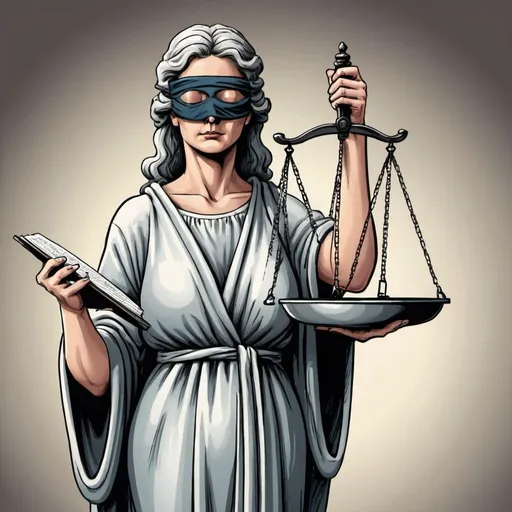Prompt: A political cartoon illustrating  Lady Justice, with a blindfold, covers her eyes in a full robe she is holding  a scale made  out of balance 


