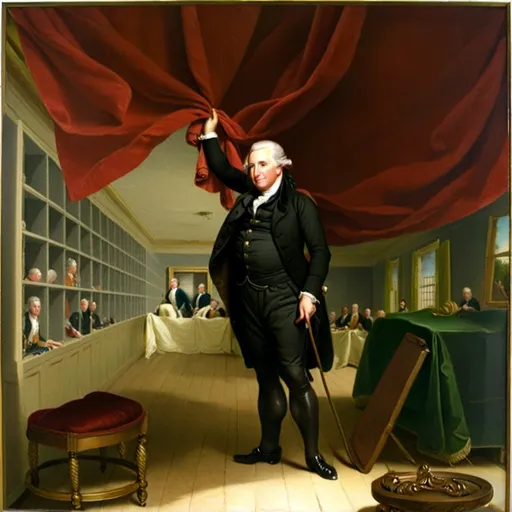 Prompt: a painting of a Charles Willson Peale  in a room. He is raising up with his a hand  red fabric room divider,  to reveal his Museum.  The room divider is  hanging from the ceiling running wall to wall.  the room divide look like a curtain.  a painting  by  Charles Willson Peale, american scene painting, painting, a painting