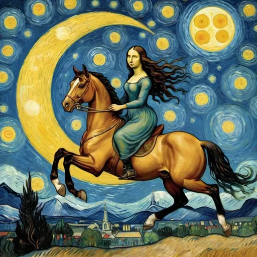 Prompt: Mona Lisa riding a horse that is jumping over the Moon in "The Starry Night" by Vincent van Gogh